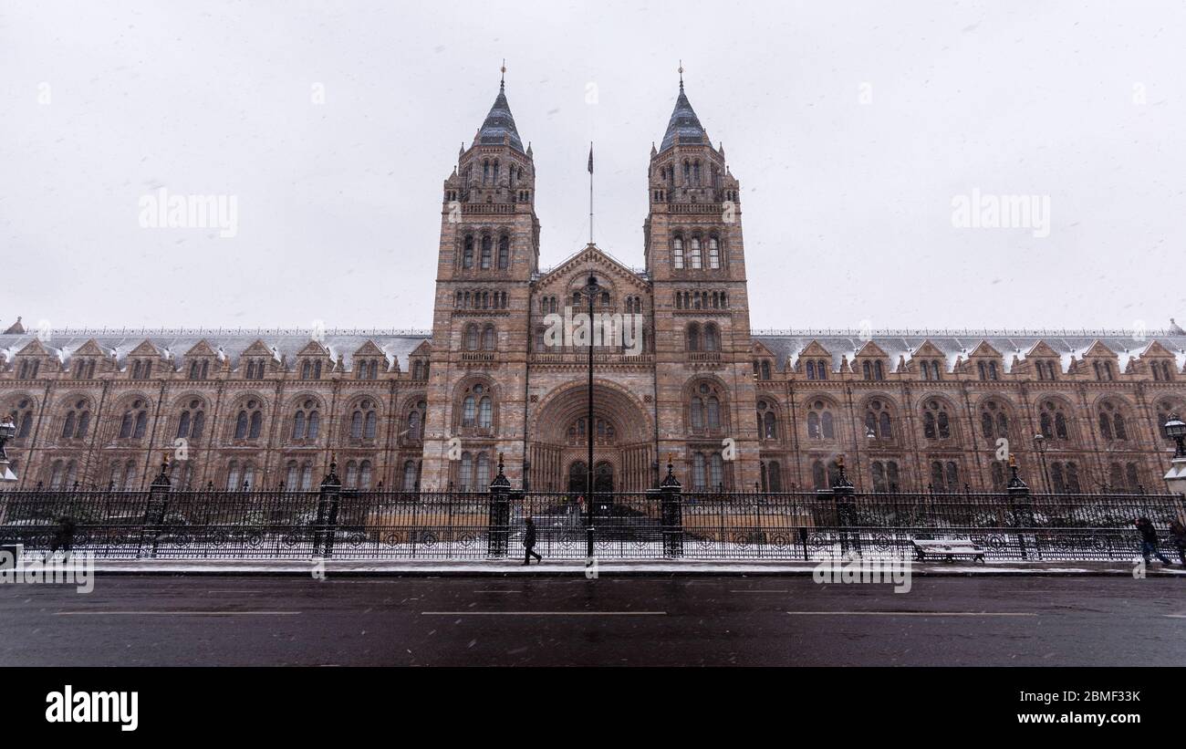 London, England, UK - January 18, 2013: Snow falls on the grand Victorian architecture of the Natural History Museum in South Kensington. Stock Photo