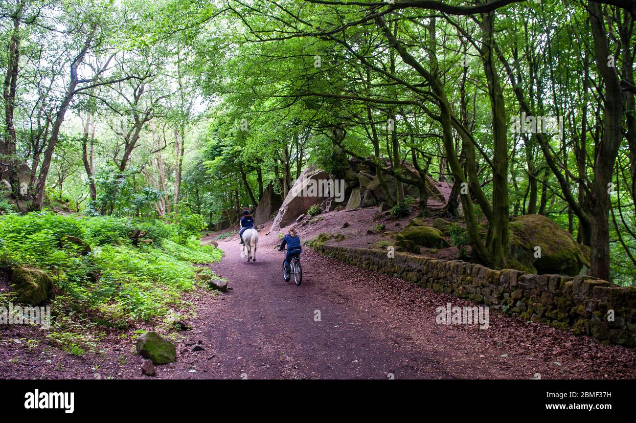 Cromford, England, UK - May 17, 2011: A horse rider and cyclist travel through woodland on a disused railway, part of the Pennine Bridleway, High Peak Stock Photo