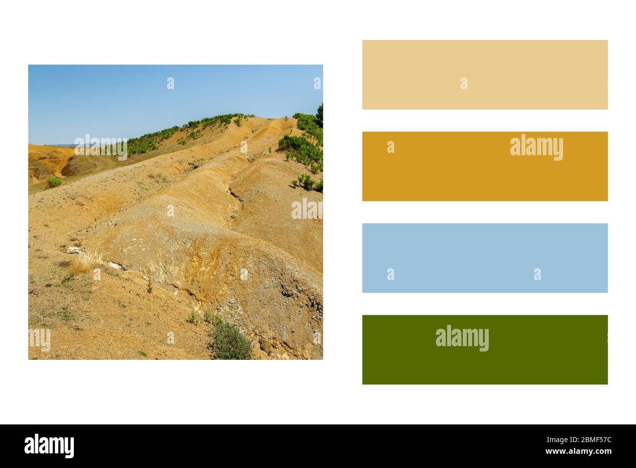 Albanian nature landscape. Sandy hills with rainwater sign on the ground in a colour palette, with complimentary colour swatches Stock Photo