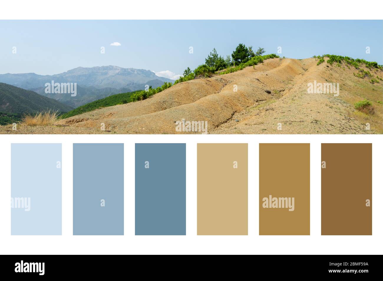 Albanian nature landscape. Sandy hills with rainwater sign on the ground in a colour palette, with complimentary colour swatches Stock Photo