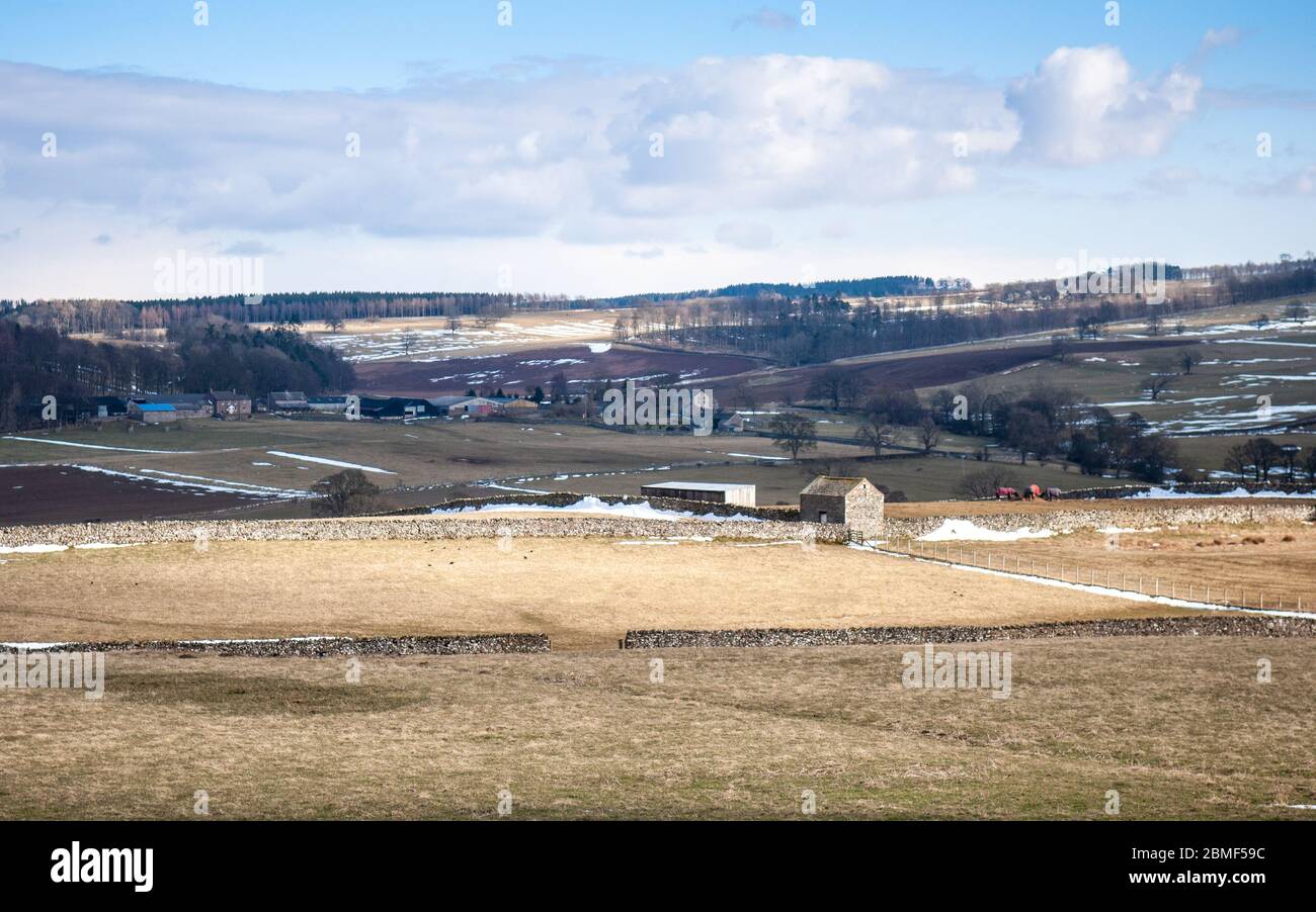 Barns and farmhouses stand amid farmland fields and parkland in the Lowther Valley of Cumbria in Northern England. Stock Photo