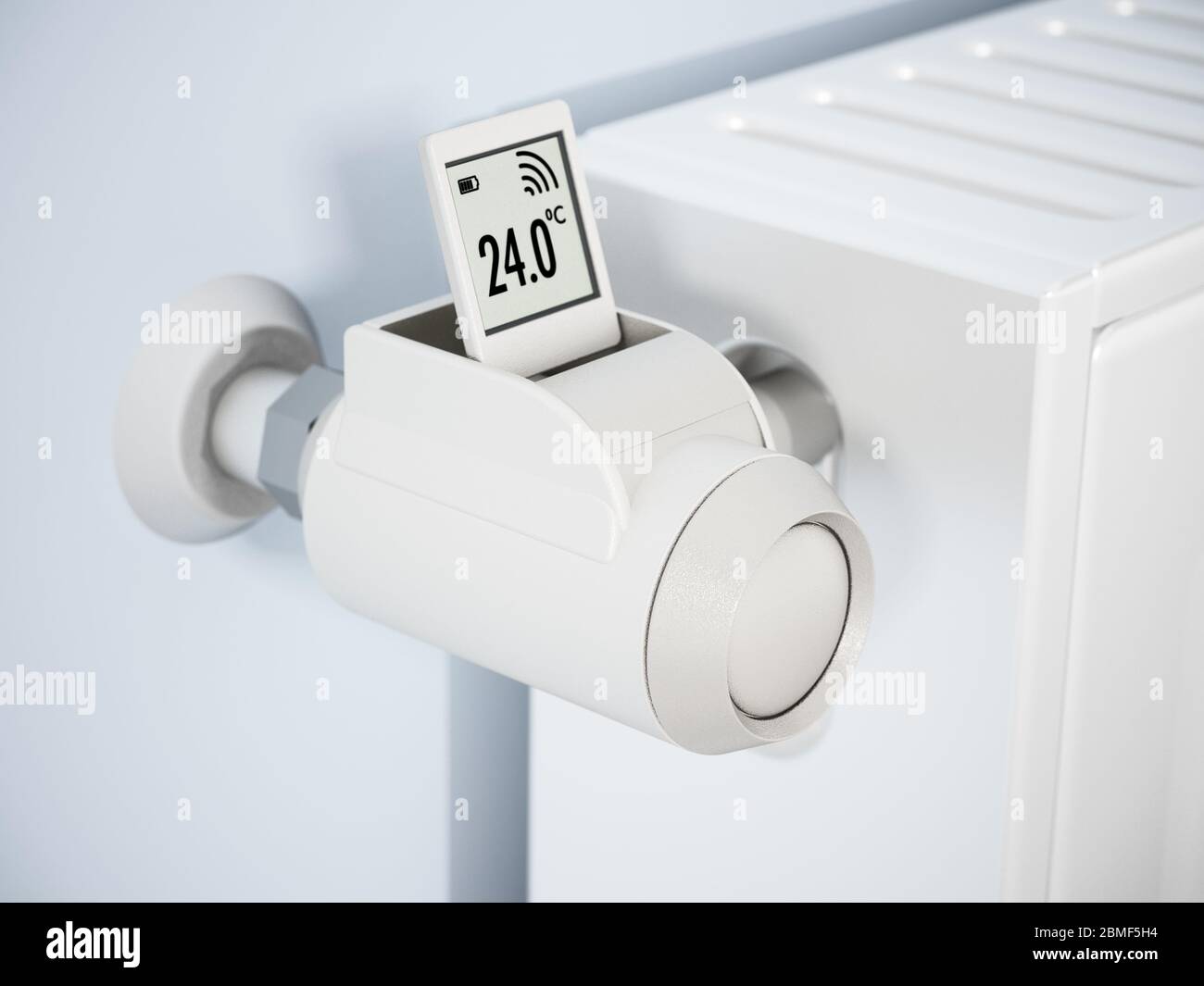 Smart thermostatic radiator valve with LCD screen. 3D illustration. Stock Photo