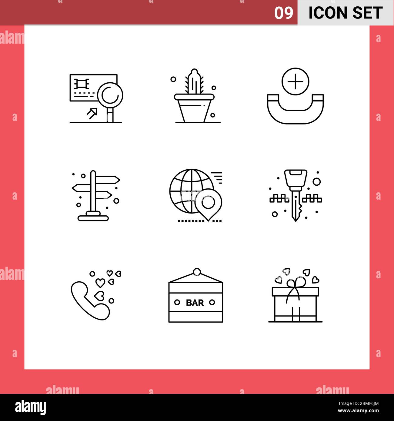 Set of 9 Vector Outlines on Grid for map, globe, spring, street, city Editable Vector Design Elements Stock Vector