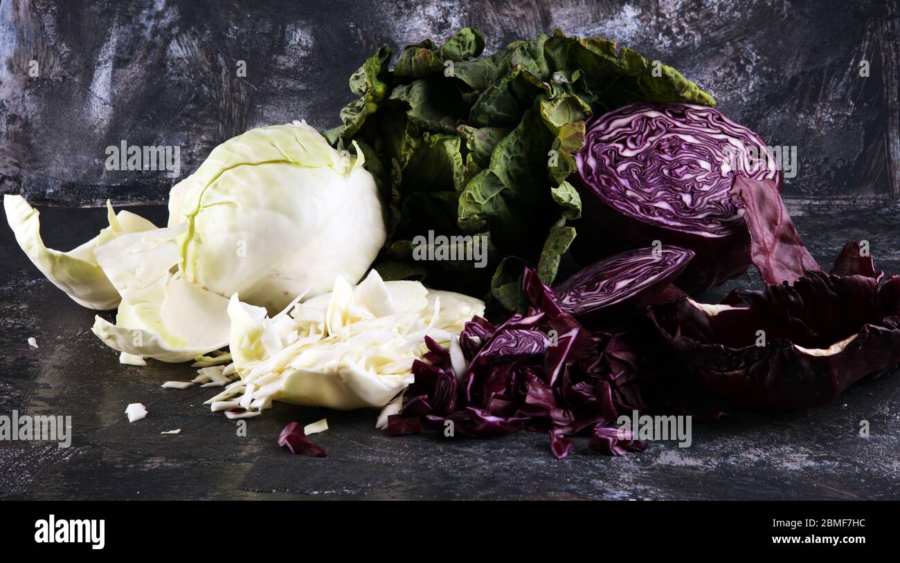 Three fresh organic cabbage heads. Antioxidant balanced diet eating