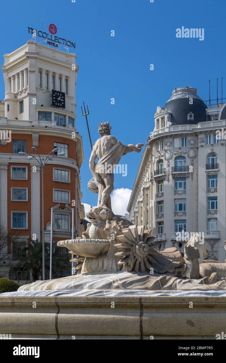 View of the Neptune Fountain in Plaza Canovas del Castillo, Madrid, Spain, Europe Stock Photo