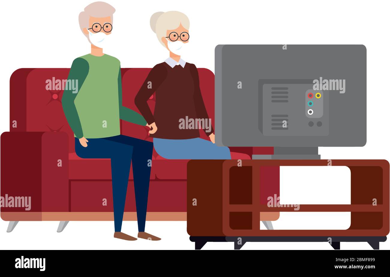 grandparents couple using face mask watching television Stock Vector