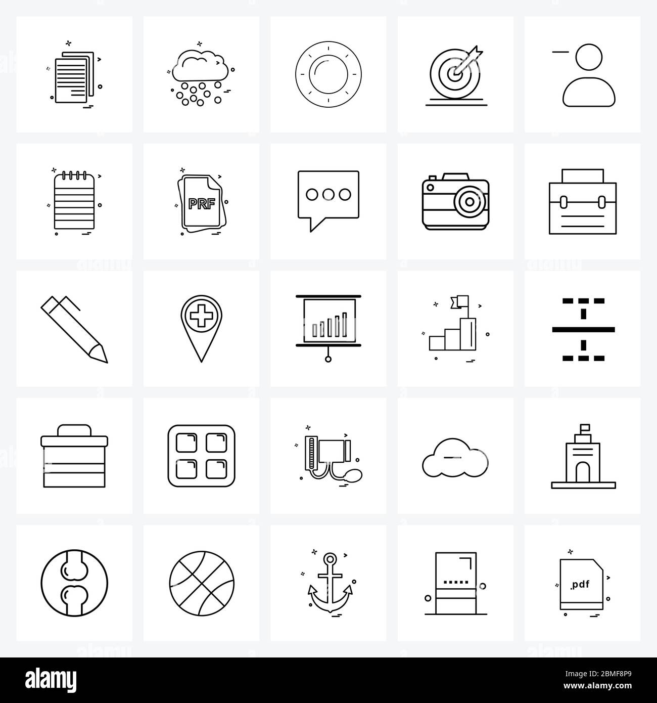 Universal Symbols of 25 Modern Line Icons of man, target, sun, objective, goal Vector
