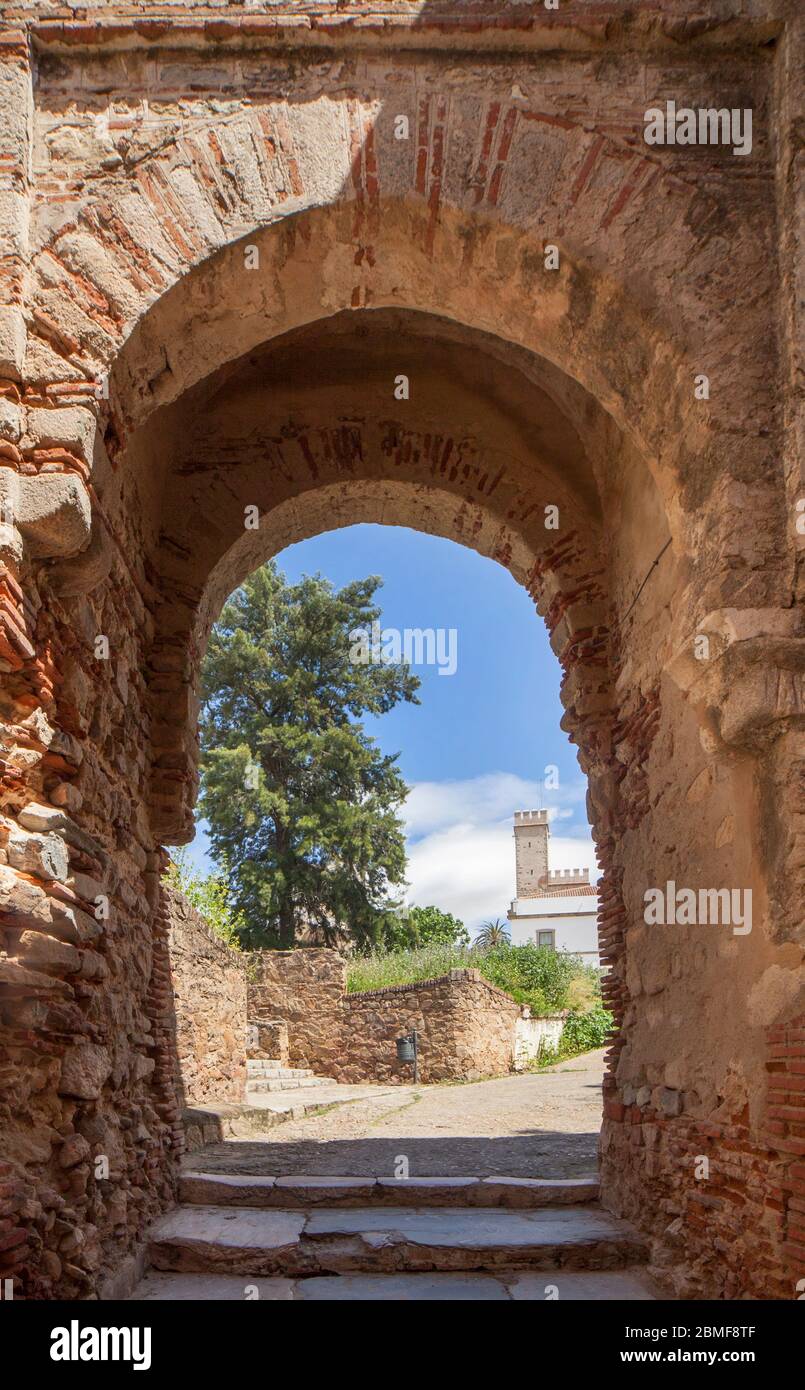 Capital Gate at Badajoz Alcazaba, walled citadel of Almohade Era, 12th Century. Extremadura, Spain. Interior arch Stock Photo