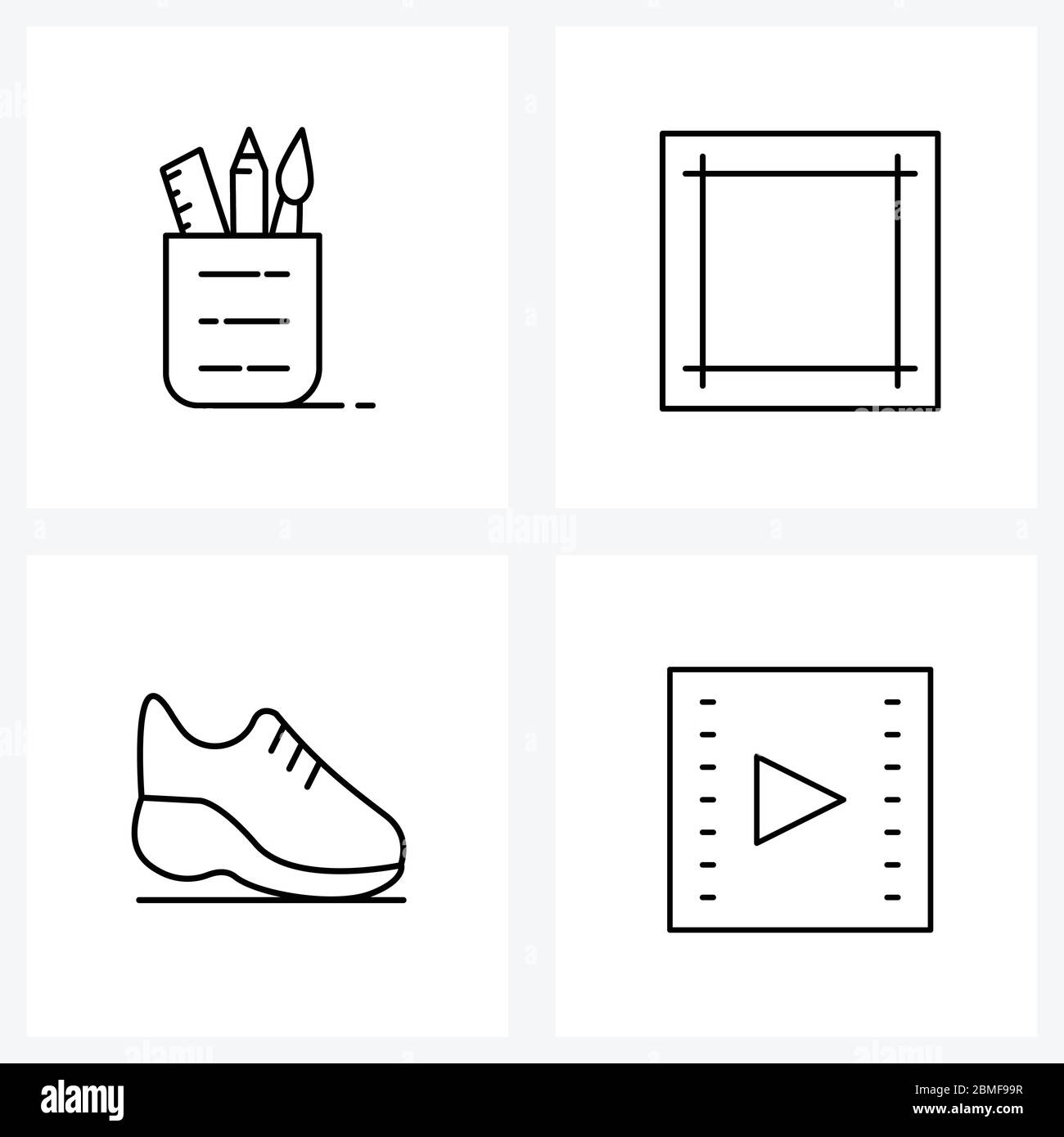 Set of 4 Simple Line Icons for Web and Print such as pencil box, running, brush, narrow, shoes Vector Illustration Stock Vector