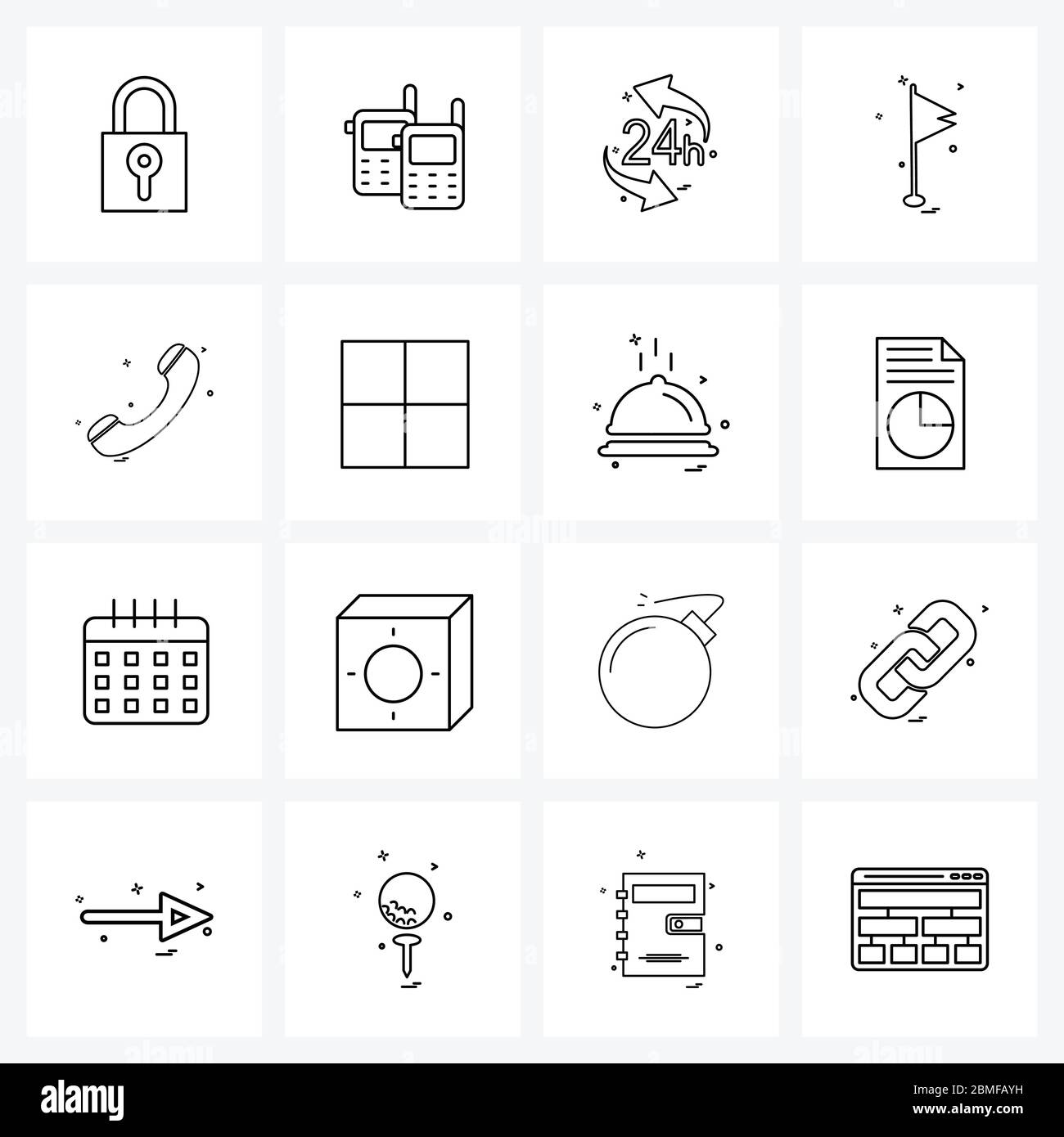 Line Icon Set of 16 Modern Symbols of, flag, hours, flags, round the