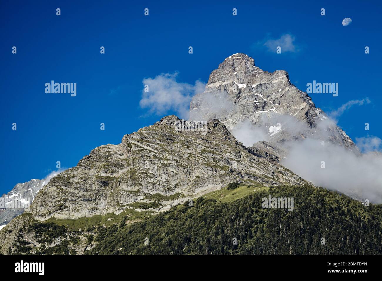 A view of Belalakaya mountain peak. Sunny day. Dombay, Karachay-Cherkess republic. Russian mountain Stock Photo