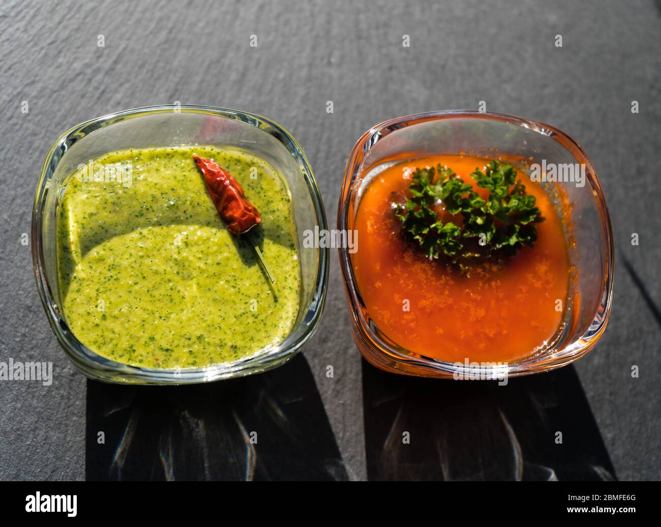 red and green garlic Sauce for canarian potatoes Stock Photo