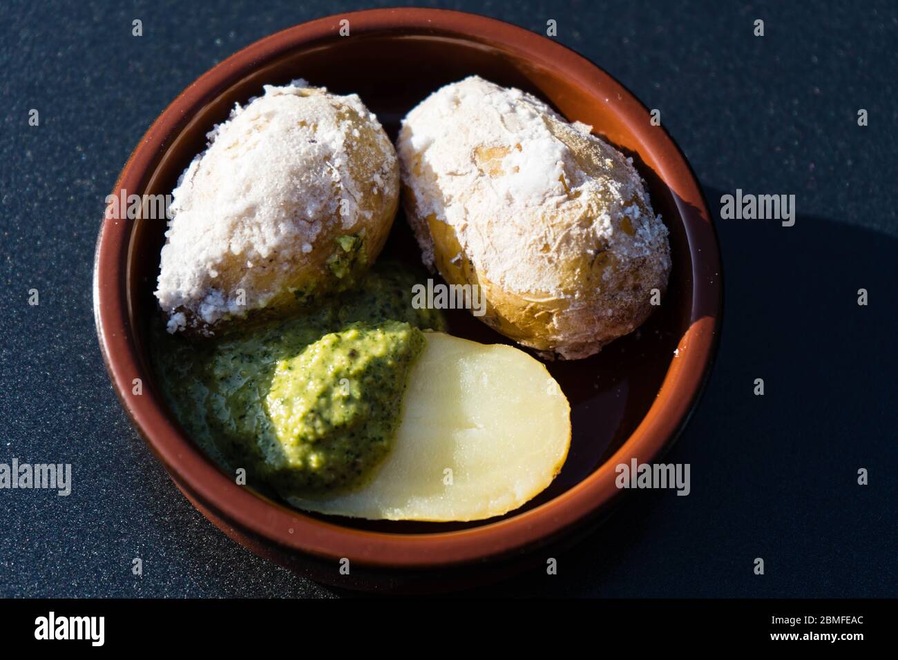 red and green garlic Sauce for canarian potatoes Stock Photo