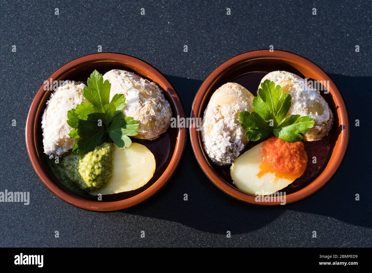 red and green garlic Sauce for canarian potatoes Stock Photo