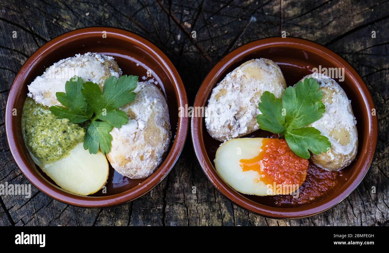 red and green garlic Sauce for canarian potatoes Stock Photo