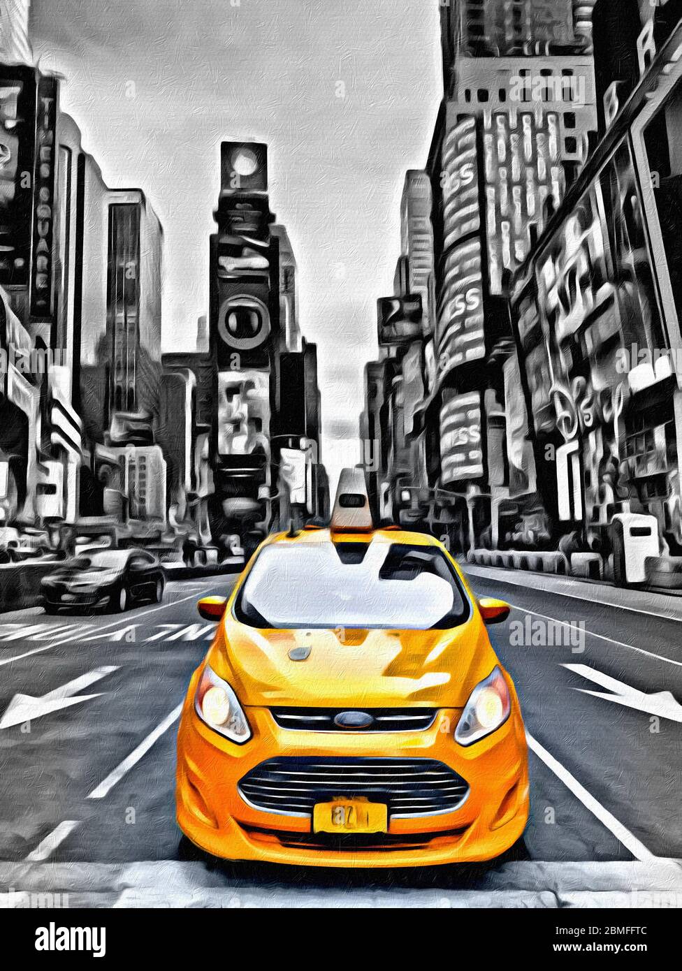 Yellow taxi in black and white Times Square Manhattan New York city USA artistic painting brushed Stock Photo