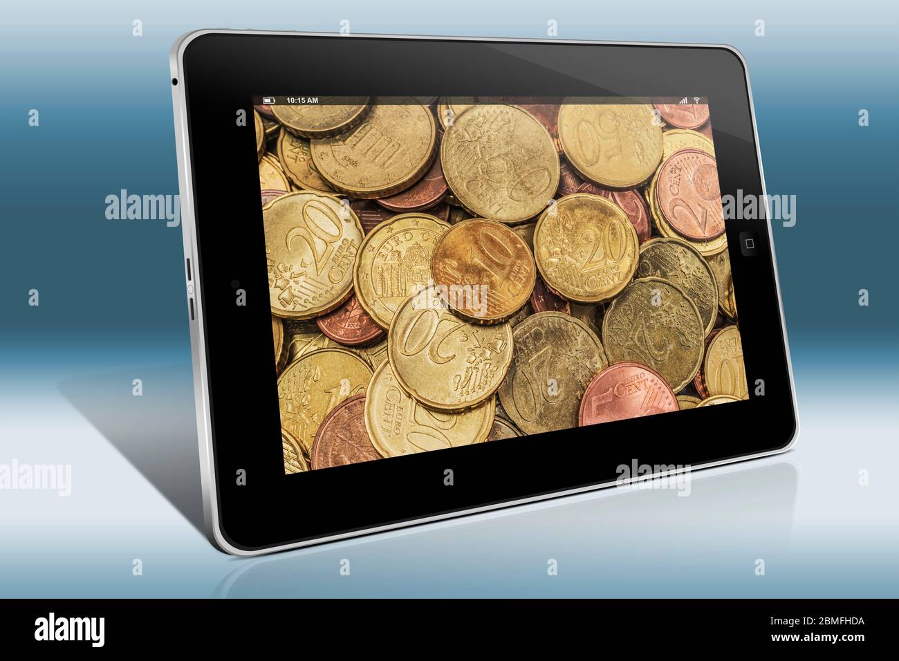 Many different Euro Cent coins, view on a Tablet PC Stock Photo