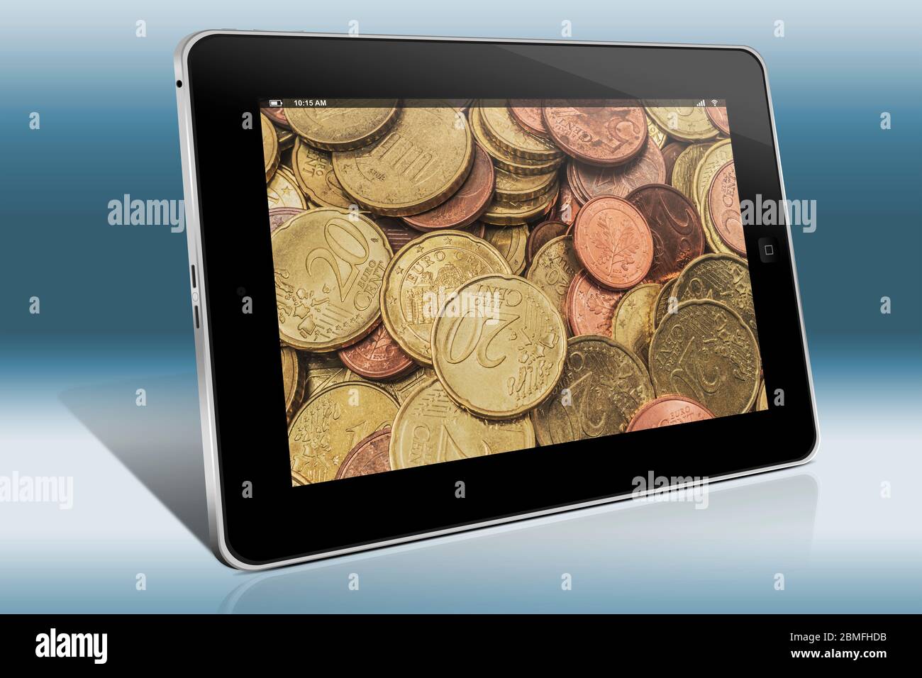 Many different Euro Cent coins, view on a Tablet PC Stock Photo