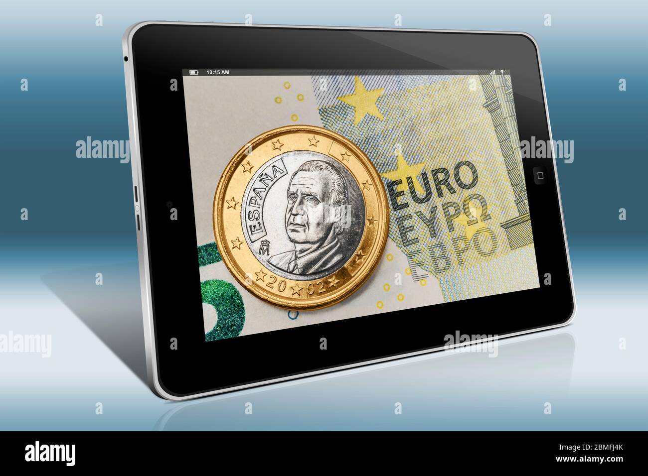 a 1 euro coin from Austria on a 5 euro banknote, view on a Tablet PC Stock Photo