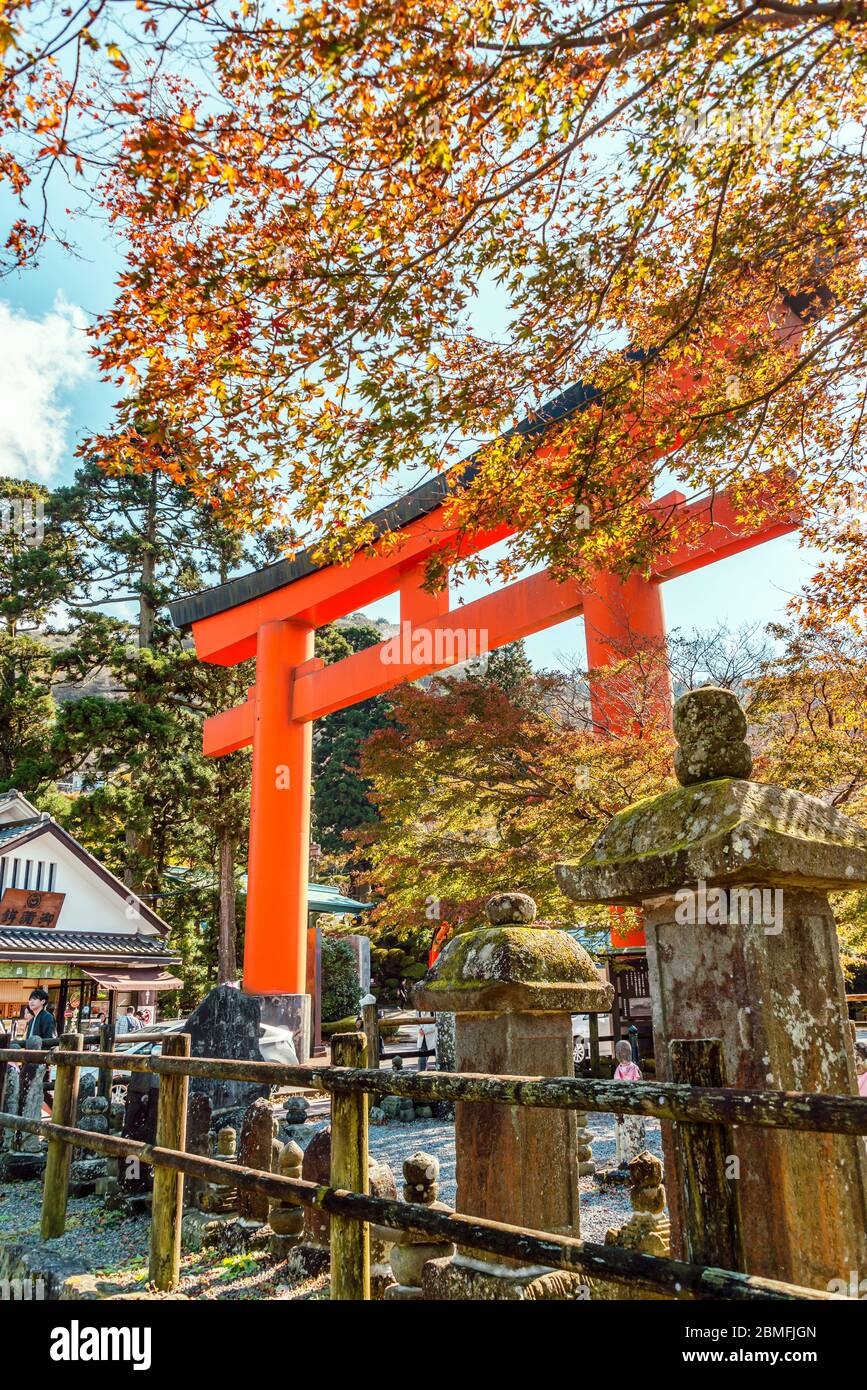 Tori gate at the town entrance to Hakone at Lake Ashinoko, Hakone, Japan Stock Photo