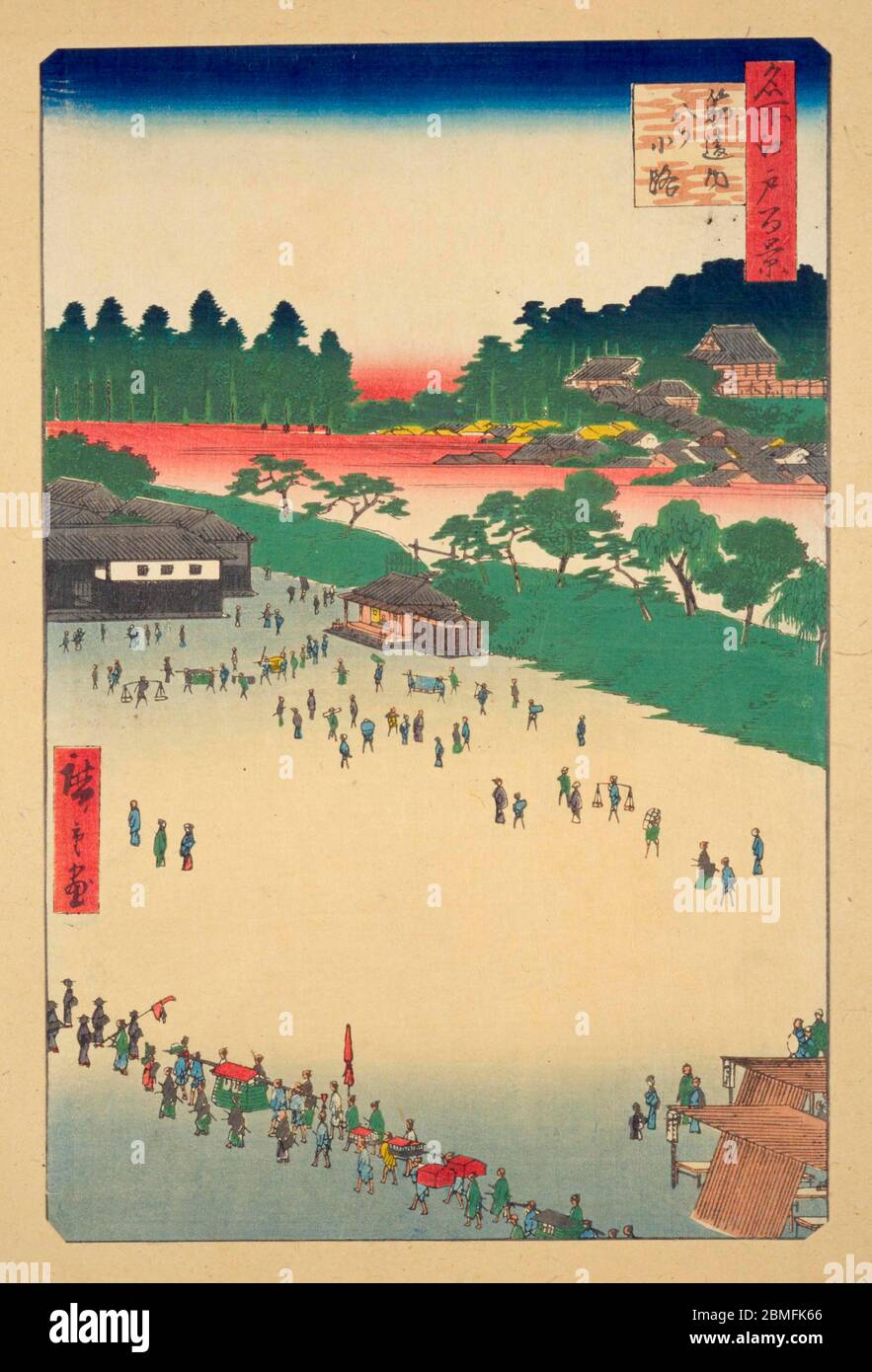 [ 1850s Japan - Samurai Procession ] —   A Samurai Procession at Yatsukoji junction, an open space functioning as a fire-break in Edo (current Tokyo), 1857 (Ansei 4). In the back, the Kanda Myojin Shrine is visible.  This woodblock print is image 9 in One Hundred Famous Views of Edo (名所江戸百景, Meisho Edo Hyakkei), a series created by ukiyoe artist Utagawa Hiroshige (歌川広重, 1797–1858).  It is one of 42 spring scenes in the series.  Title: Yatsukoji, Inside Sujikai Gate (筋違内八ツ小路, Sujikai uchi Yatsukoji)  19th century vintage Ukiyoe woodblock print. Stock Photo
