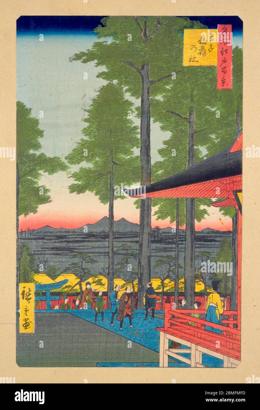 [ 1850s Japan - Edo Shinto Shrine ] —   People visiting Oji Inari Shrine in Edo (current Tokyo), 1857 (Ansei 4). In the distance, Mount Tsukuba can be seen.  This woodblock print is image 18 in One Hundred Famous Views of Edo (名所江戸百景, Meisho Edo Hyakkei), a series created by ukiyoe artist Utagawa Hiroshige (歌川広重, 1797–1858).  It is one of 42 spring scenes in the series.  Title: The Oji Inari Shrine (王子稲荷の社, Oji Inari no yashiro)  19th century vintage Ukiyoe woodblock print. Stock Photo