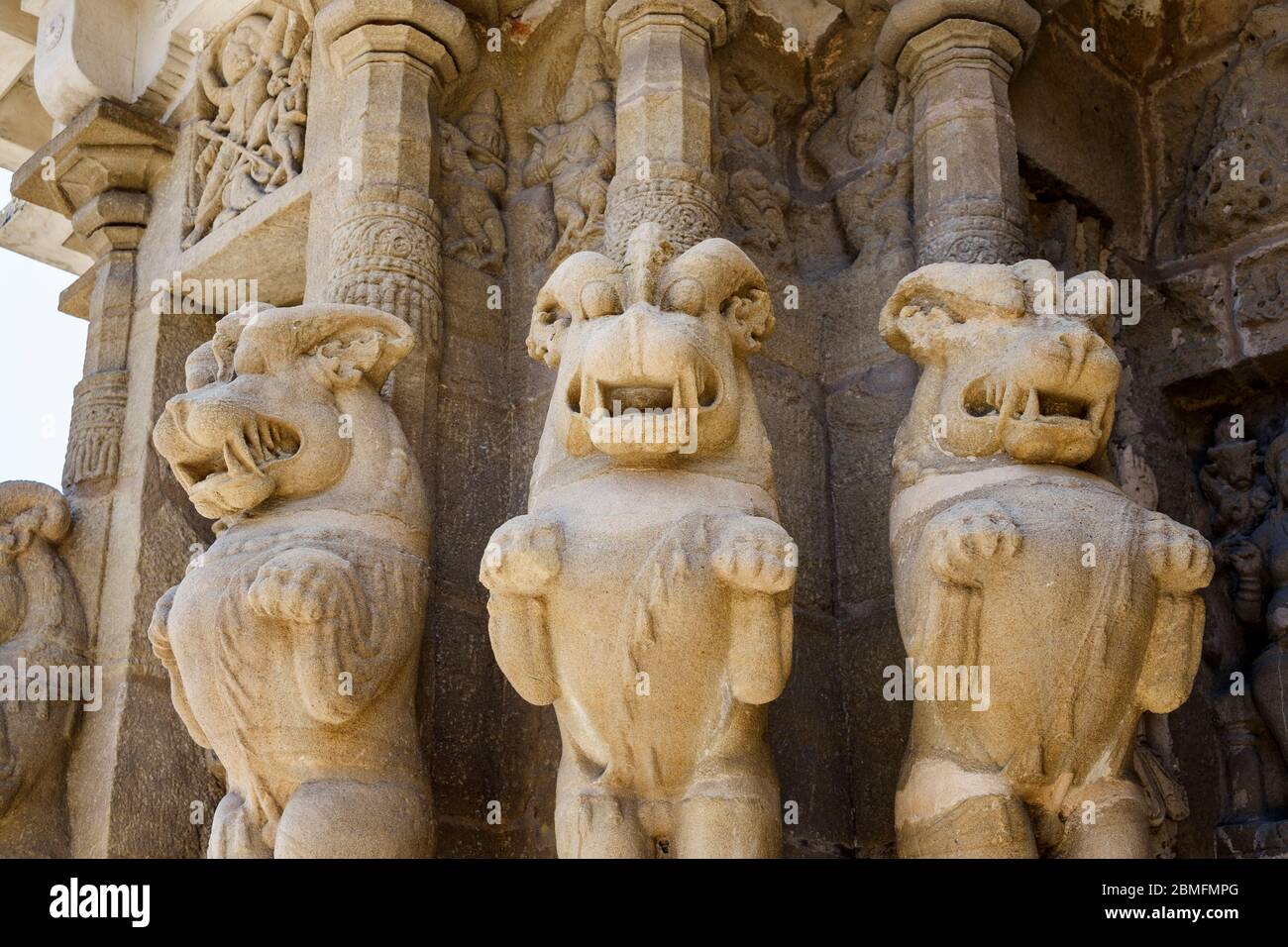 Sculpted column representing 'yali', a mythological Hindu creature part lion part other animals. Kailasanathar Temple, Kanchipuram, Tamil Nadu, India. Stock Photo
