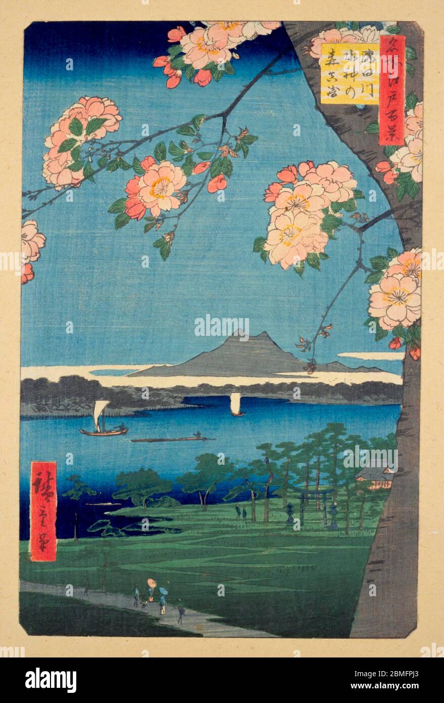 [ 1850s Japan - Cherry Blossom and Boats ] —   Cherry blossom and sailing vessels on the Sumidagawa River in Edo (current Tokyo), 1856 (Ansei 3). In the back, Mount Tsukuba can be seen.  This woodblock print is image 35 in One Hundred Famous Views of Edo (名所江戸百景, Meisho Edo Hyakkei), a series created by ukiyoe artist Utagawa Hiroshige (歌川広重, 1797–1858).  It is one of 42 spring scenes in the series.  Title: Suijin Shrine and Massaki on the Sumida River (隅田川水神の森真崎, Sumidagawa Suijin no mori Massaki)  19th century vintage Ukiyoe woodblock print. Stock Photo