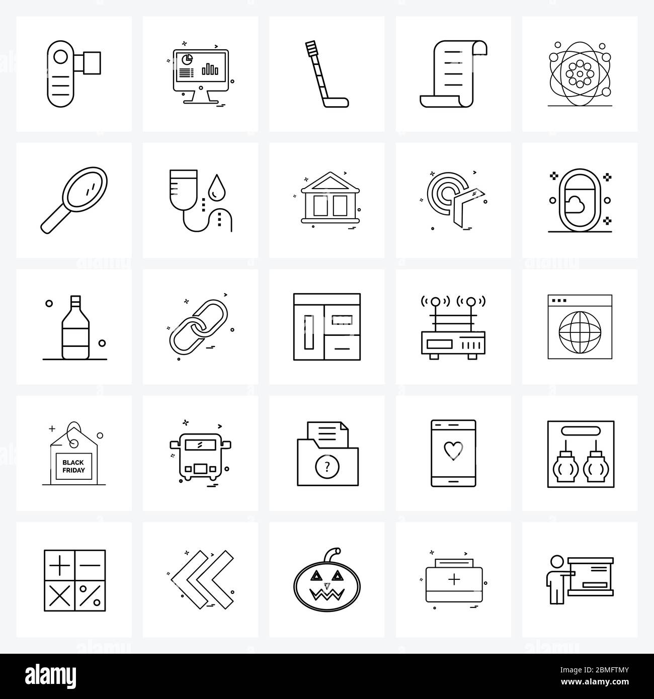 25 Universal Line Icon Pixel Perfect Symbols of hospital, atom, hockey, file, document Vector Illustration Stock Vector