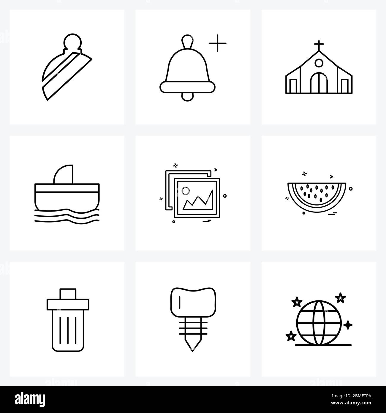Modern Style Set of 9 line Pictograph Grid based image, water, notification, boat, religion Vector Illustration Stock Vector
