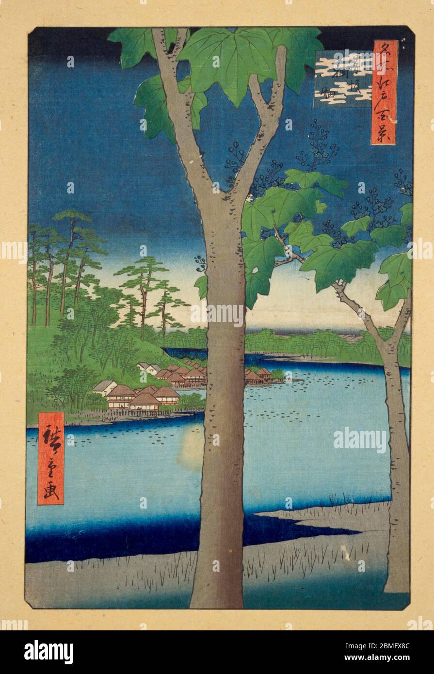 [ 1850s Japan - Japanese Houses at a Pond ] —   Tameike Pond in Akasaka, Edo (current Tokyo), 1856 (Ansei 3).  This woodblock print is image 52 in One Hundred Famous Views of Edo (名所江戸百景, Meisho Edo Hyakkei), a series created by ukiyoe artist Utagawa Hiroshige (歌川広重, 1797–1858).  It is one of 30 summer scenes in the series.  Title: The Paulownia Garden at Akasaka (赤坂桐畑, Akasaka Kiribatake)  19th century vintage Ukiyoe woodblock print. Stock Photo
