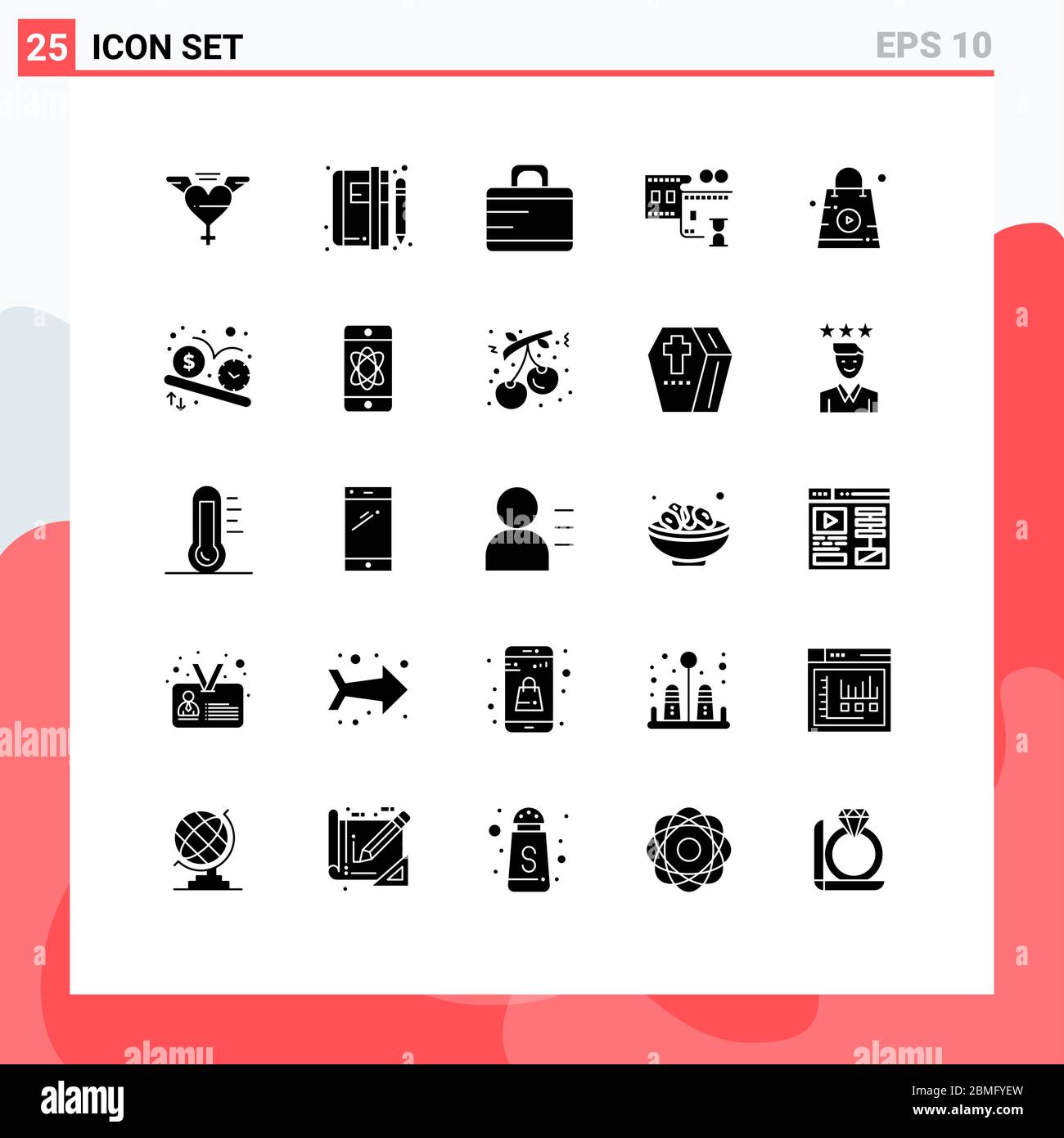 25 Universal Solid Glyph Signs Symbols of bag, shopping, bag, online, film stip Editable Vector Design Elements Stock Vector