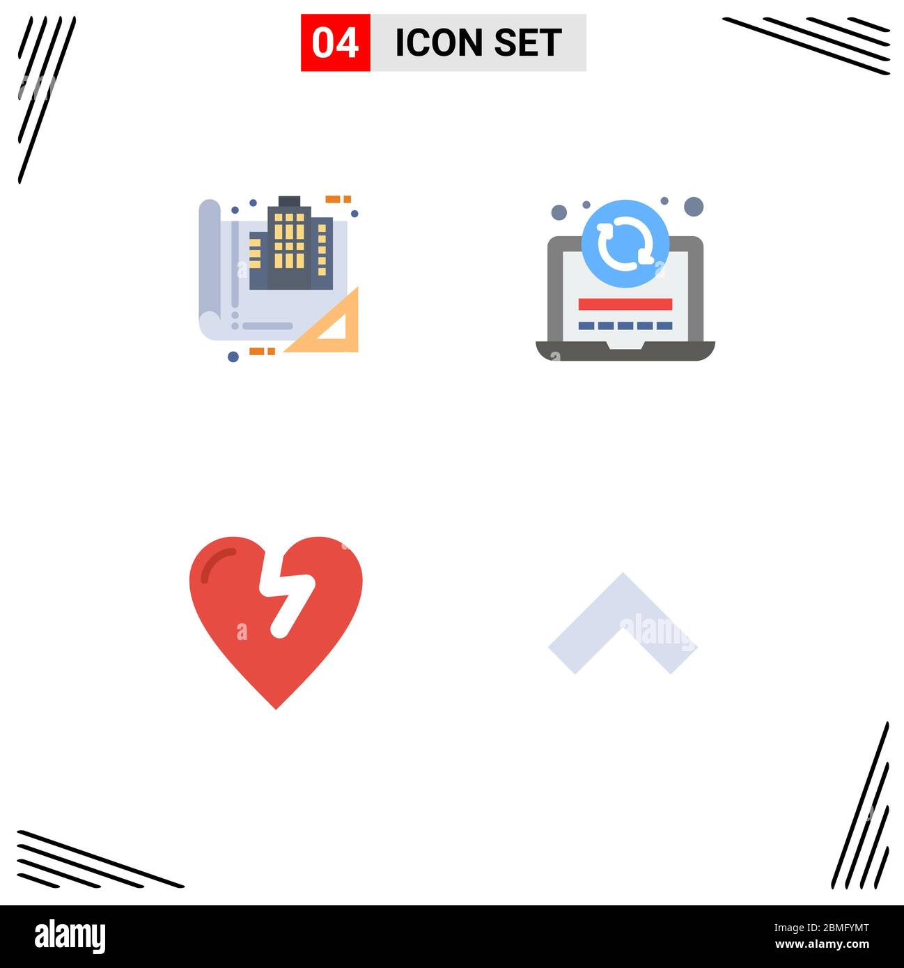 Editable Vector Line Pack of 4 Simple Flat Icons of building, heart attack, construction, refresh, love Editable Vector Design Elements Stock Vector