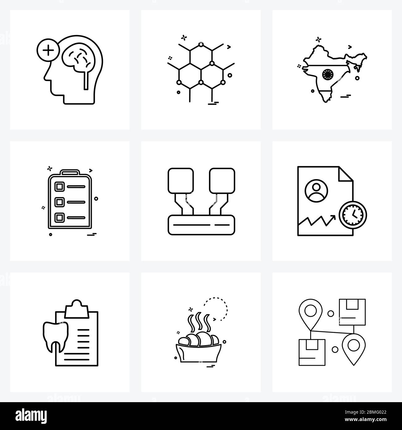 Line Icon Set of 9 Modern Symbols of data, clipboard, map, text