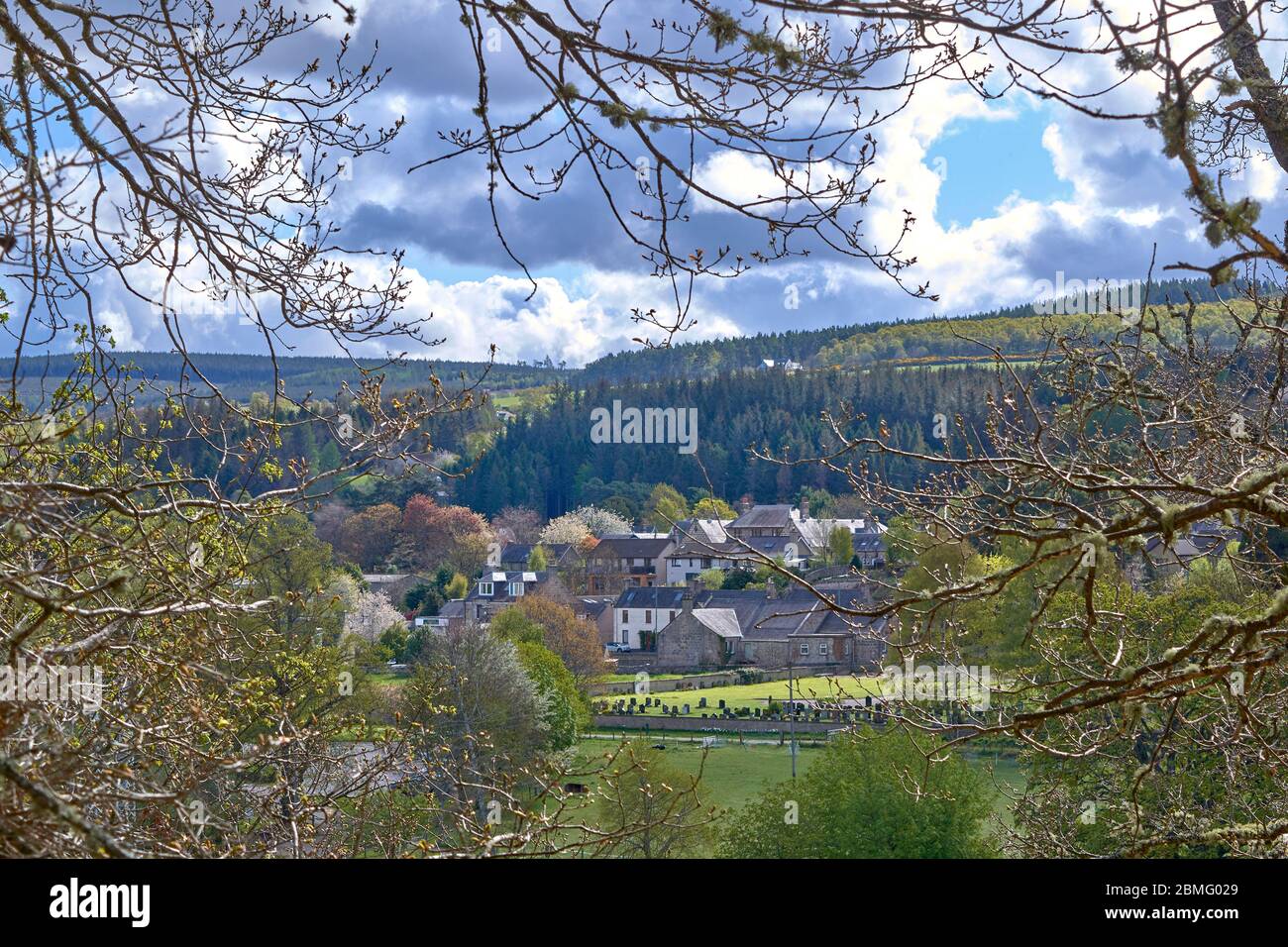 ABERLOUR MORAY SCOTLAND VIEW OF THE TOWN AND TREES IN SPRING FROM THE SPEYSIDE WAY TRAIL Stock Photo