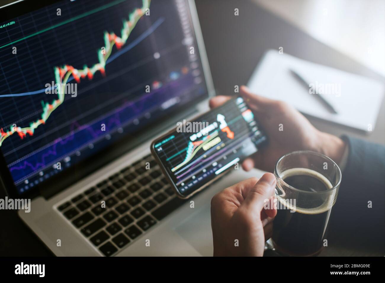 investment stockbroker predicting bitcoin price trend movement using laptop  and phone. Crypro trader financial manager analyzing stock graph. Manager  Stock Photo - Alamy