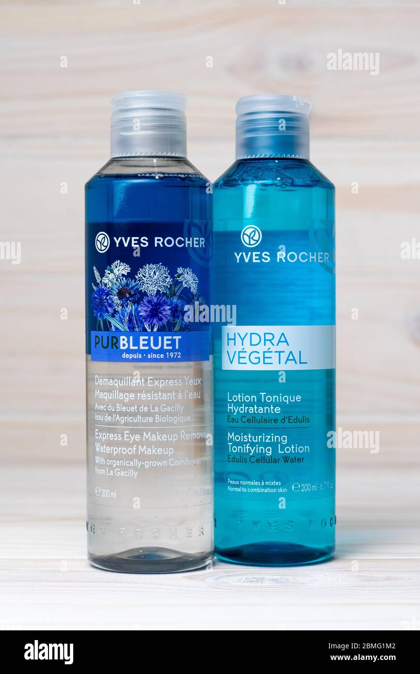 Kharkov, Ukraine, May 6, 2020: Moisturizing Tonifying Lotion and Express Eye Makeup Remover in plastic bottles. Yves rocher. Concept of skin care of f Stock Photo