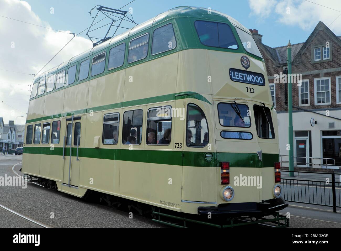 Car 723 of the Blackpool Transport (BTS) stopped at Cleveleys on route to Fleetwood Lancashire England UK Stock Photo