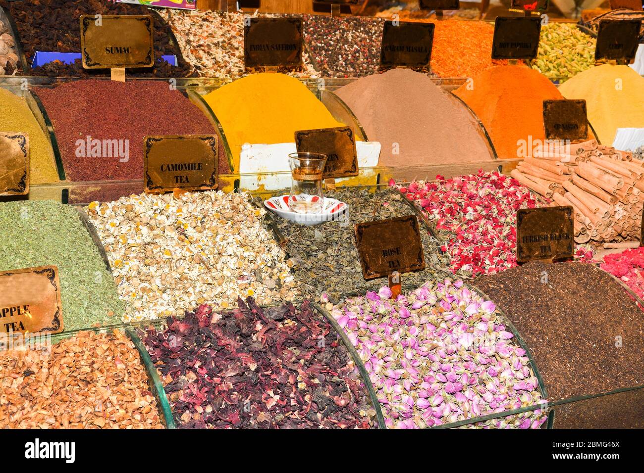 Spices and teas in the Egyptian market in Istanbul. Spices stall in the
