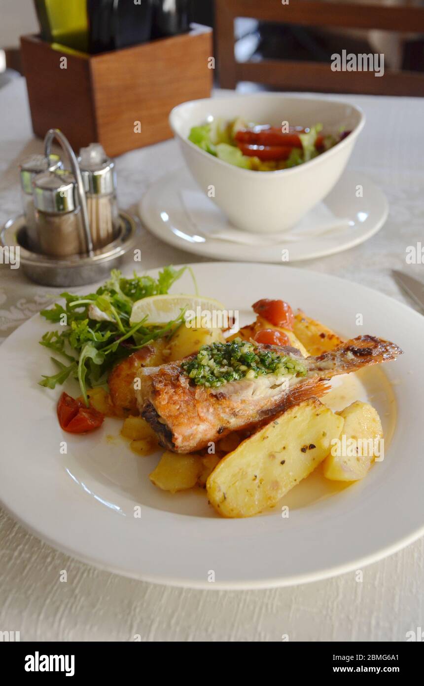 Pan fried fish fillet with potatoes and salad. Stock Photo