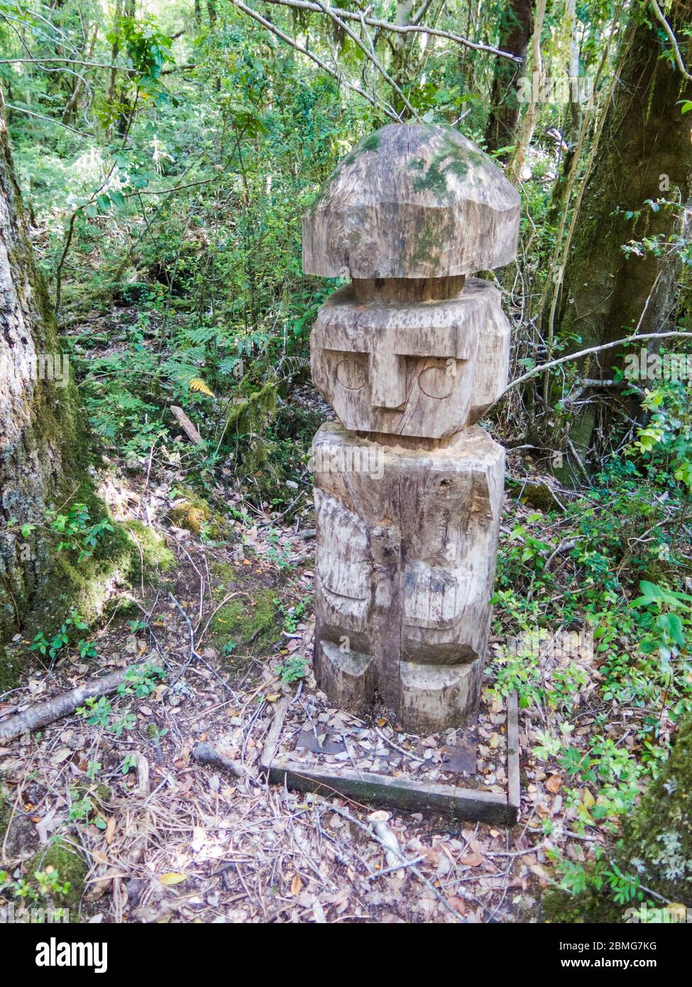 Wooden statue, in the middle of the Huilo Huilo Biological Reserve, regressing animals and Mapuche mystical characters from southern Chile. Los Ríos R Stock Photo