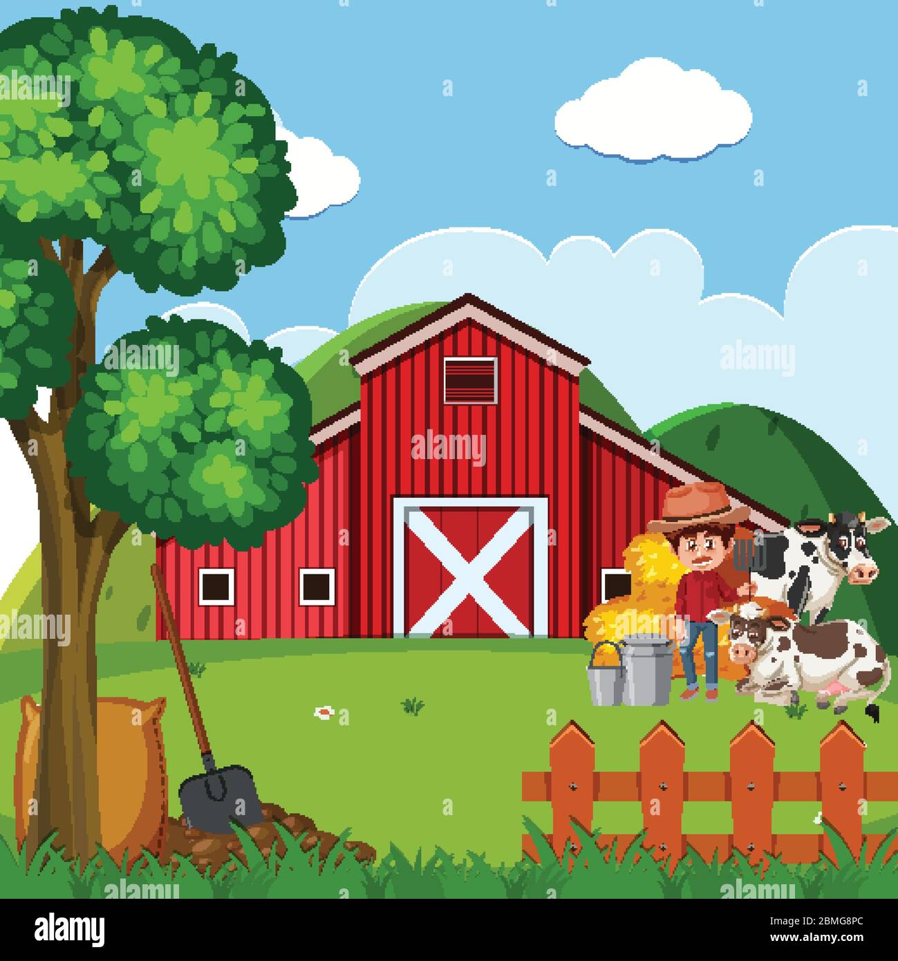 Farm scene with farmer and cows by the barn illustration Stock Vector ...