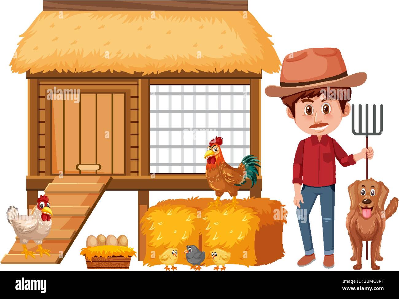 Farmer and chicken coop on white background illustration Stock Vector Image  & Art - Alamy