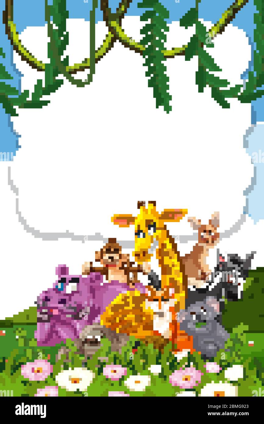 Border template design with many wild animals in background ...