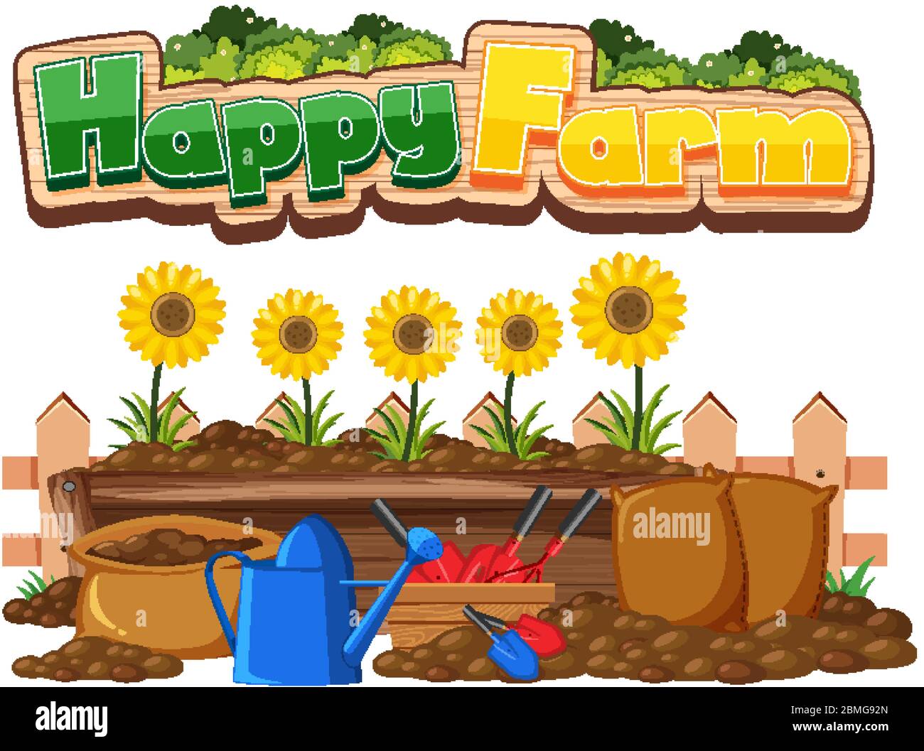 Font design for happy farm and sunflowers in the garden illustration