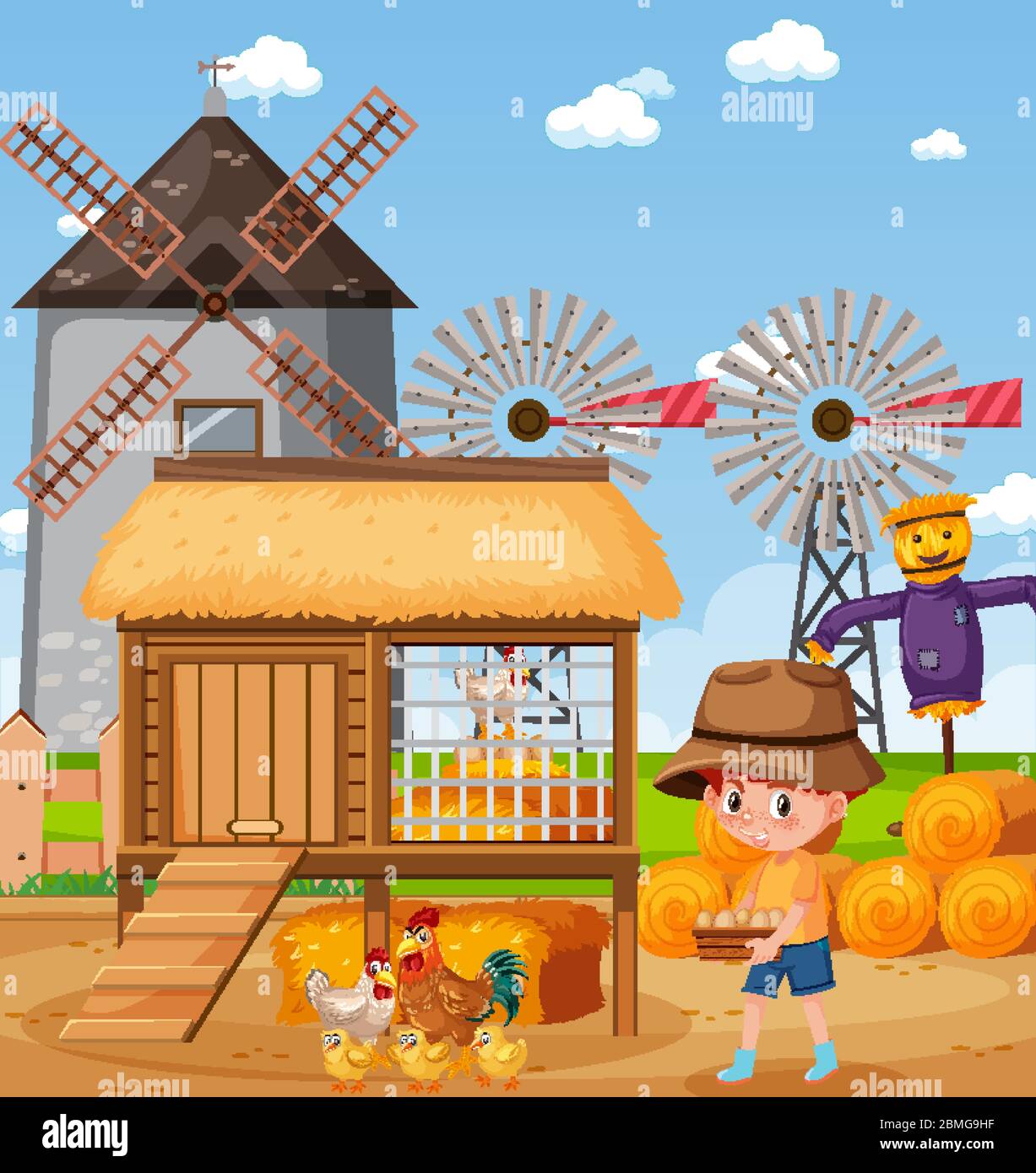 Scene with little boy feeding chickens on the farm illustration Stock ...