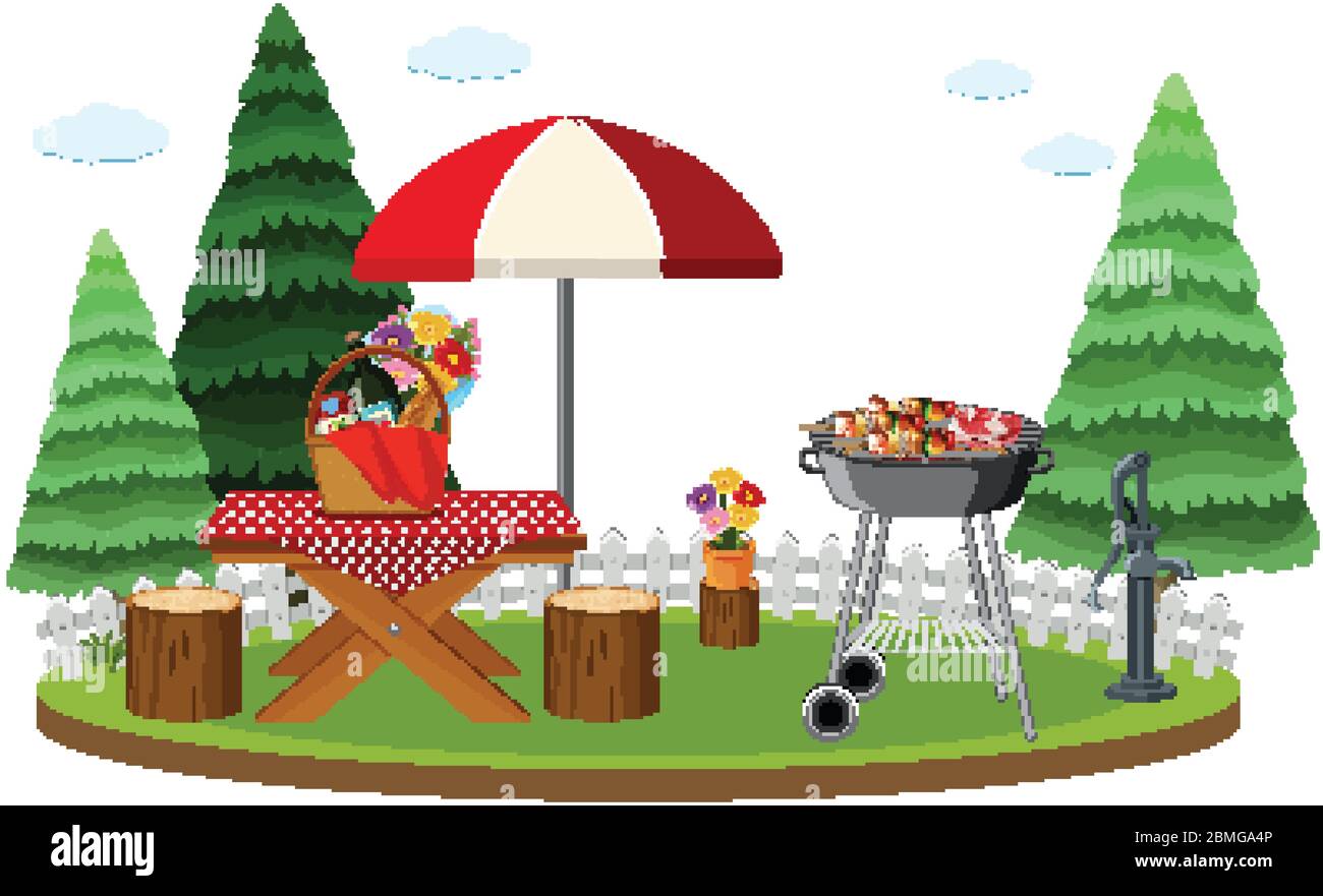 Picnic scene with food on the table and BBQ grill in the garden ...