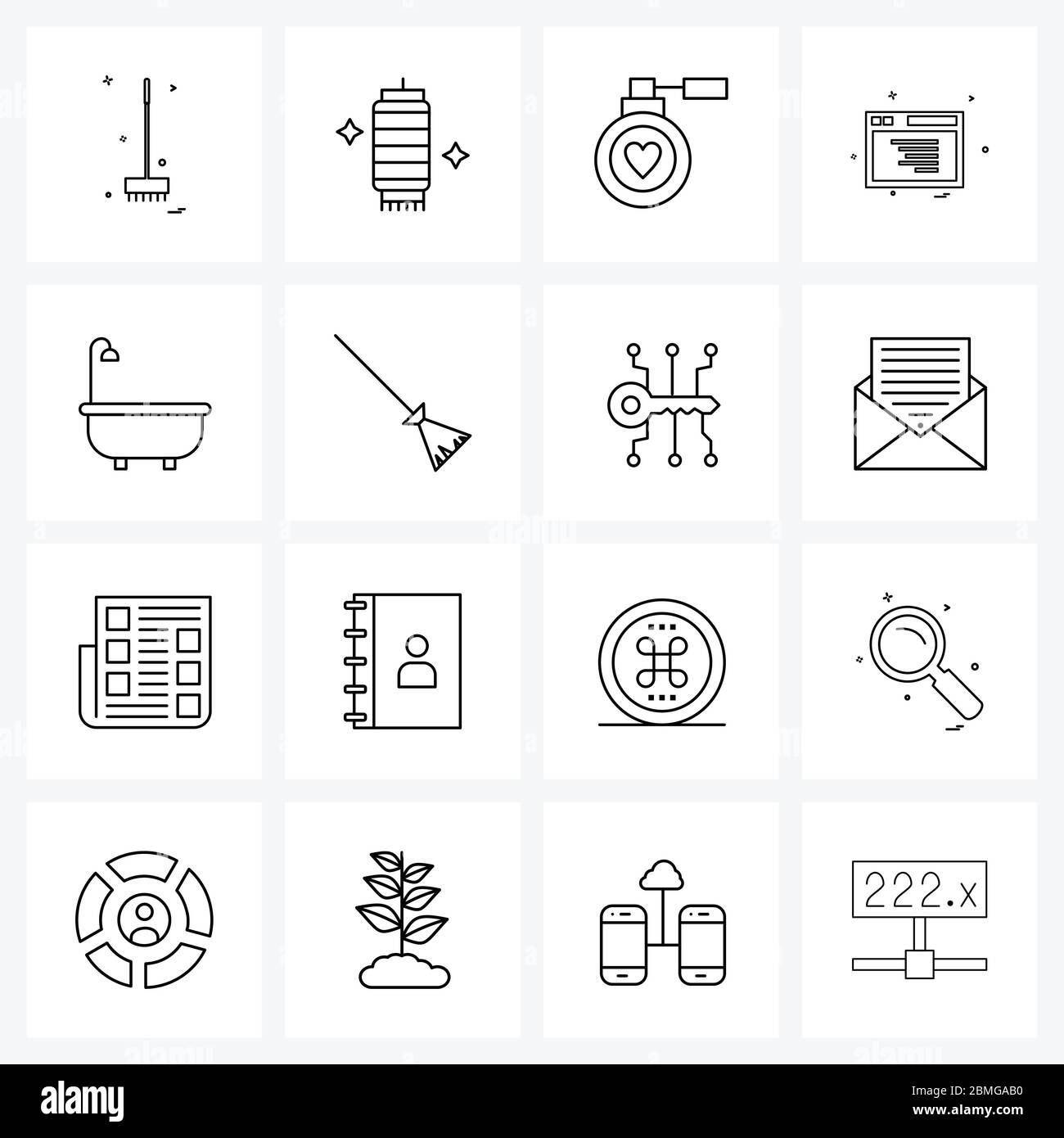 Mobile UI Line Icon Set of 16 Modern Pictograms of bathroom, love, internet, website Vector Illustration Stock Vector