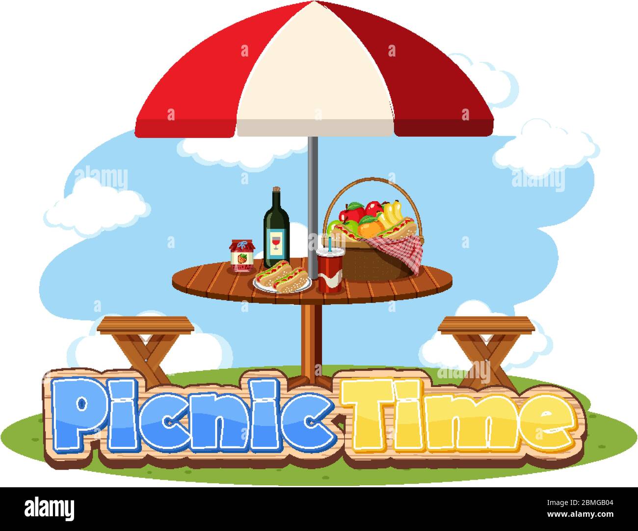 Scene with food on the picnic table and word design for picnic time