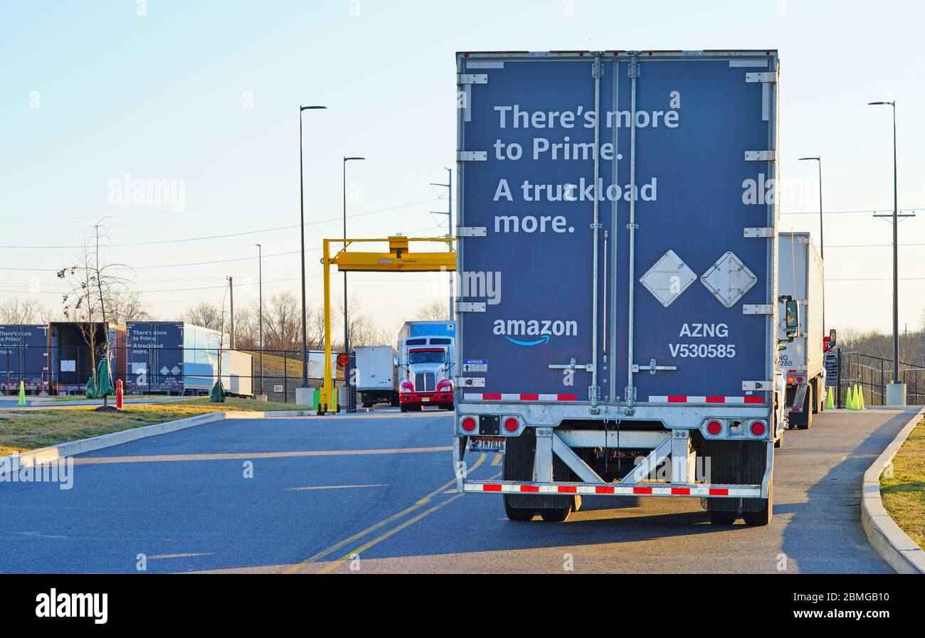 WEST DEPTFORD, NJ 23 FEB 2020 An Amazon Prime delivery tractor trailer truck entering an